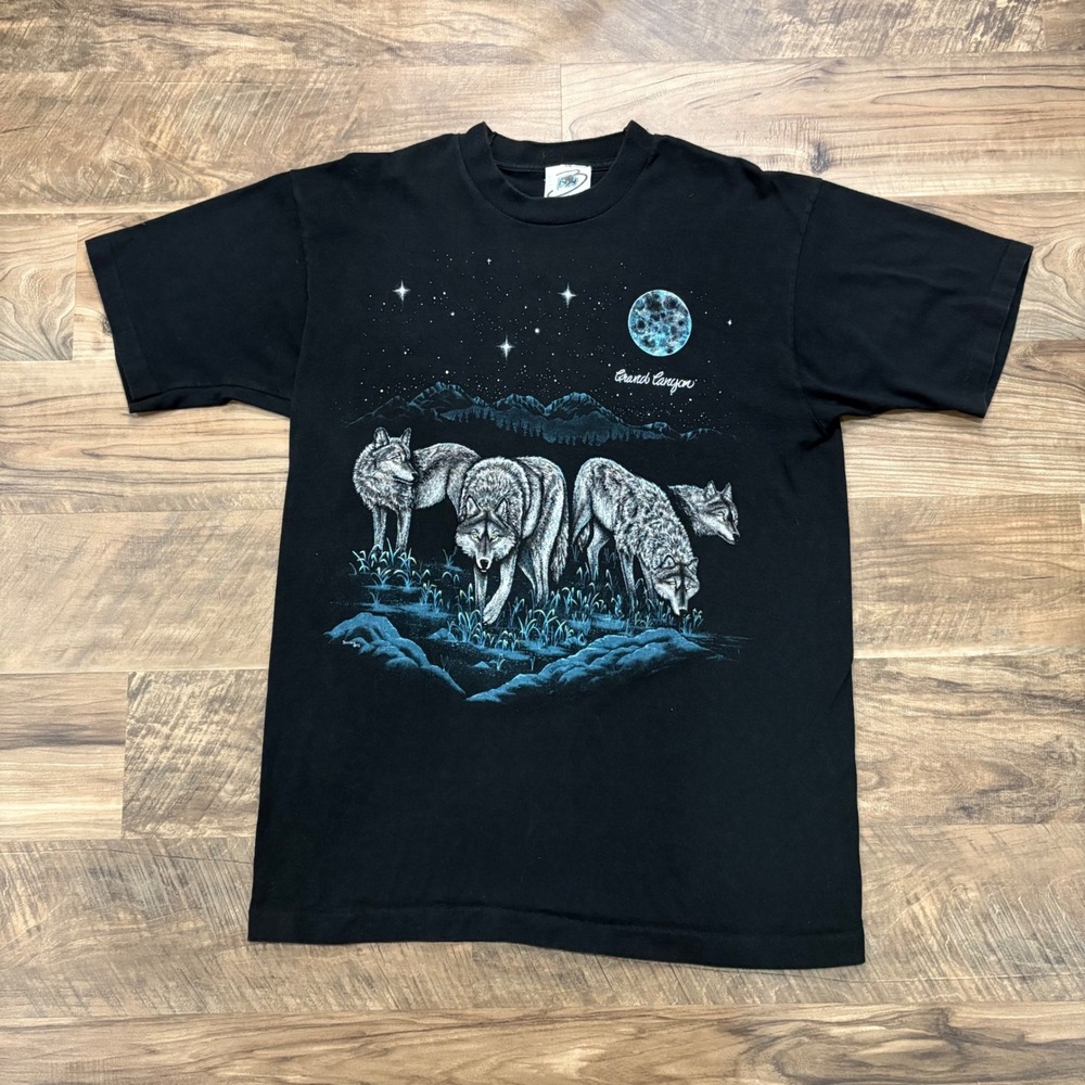 Vintage Y2K Fruit of the Loom T-Shirt Mens L Black Grand Canyon Wolf Nature 1992
